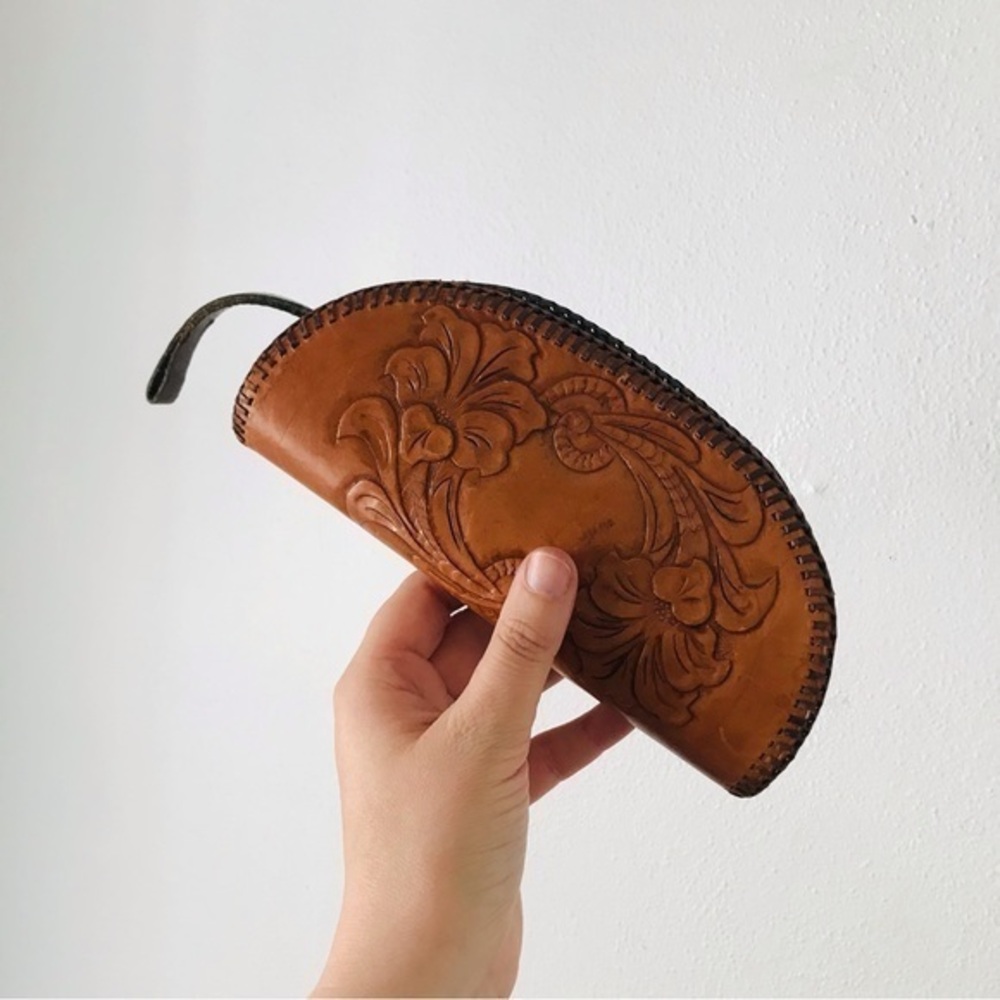 Vintage tooled leather zippered pouch or clutch
